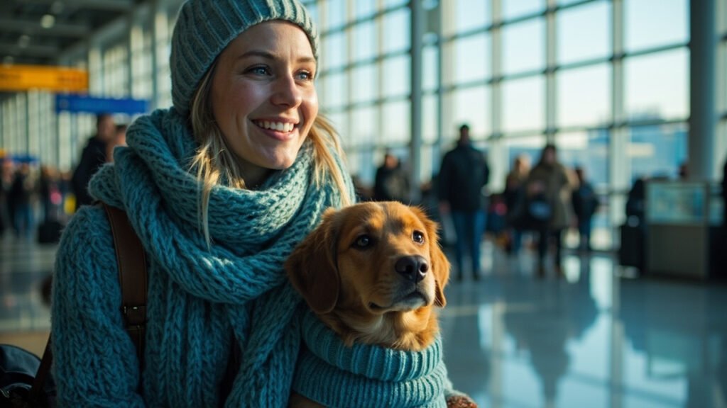 Fliegen mit Hund – Frau wartet mit kleinem Hund am Flughafen
