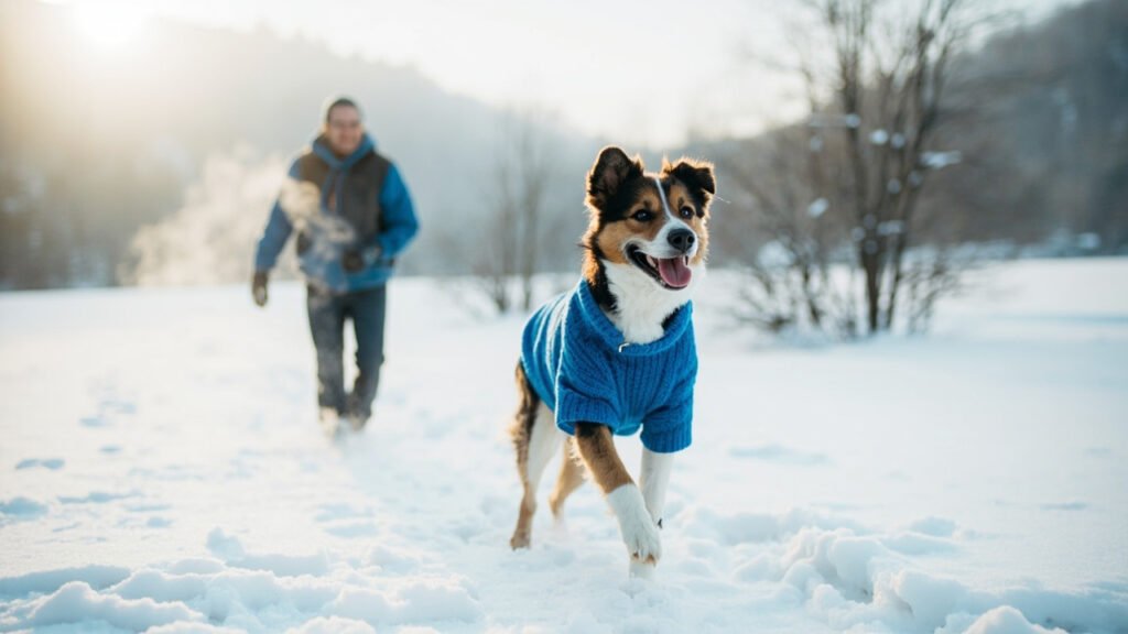 Mann spaziert mit seinem Hund durch verschneite Landschaft – Symbolbild für Haftpflichtversicherung mit Hund