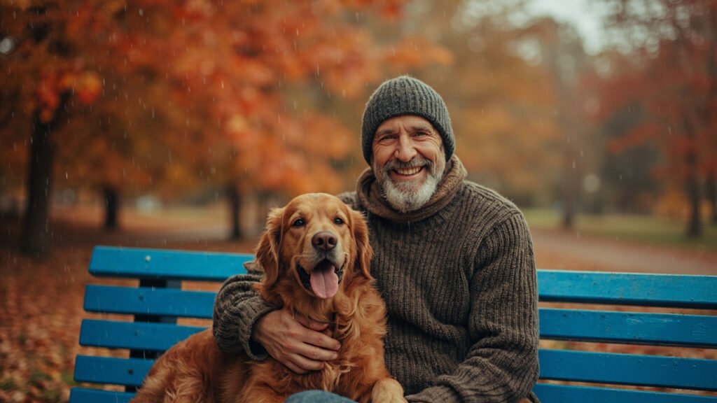 Mann sitzt entspannt mit seinem Hund im Regen auf einer blauen Parkbank – Symbolbild für Sicherheit durch Hundehaftpflicht Pflicht