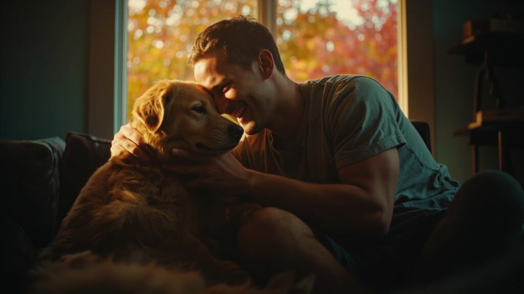 Lächelnder Mann streichelt seinen Hund liebevoll – Symbolbild für Sicherheit durch Hundekrankenversicherung Vergleich.