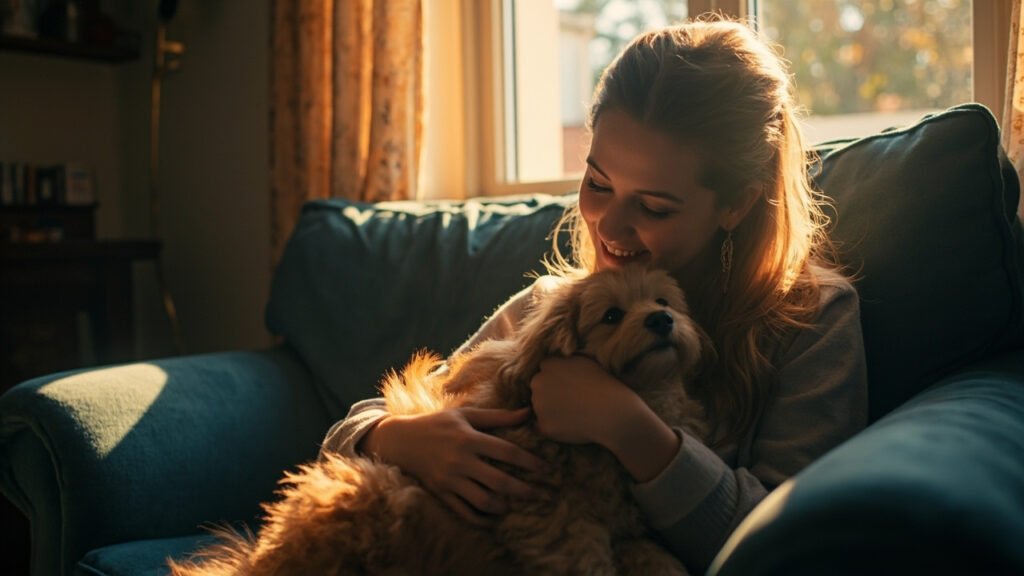 Junge Frau streichelt zu Hause liebevoll ihren Hund – Symbolbild für Hundekrankenversicherung Vollschutz ohne Selbstbeteiligung