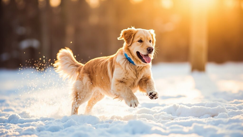Golden Retriever mit blauem Halsband rennt fröhlich durch den Schnee – Hundeversicherung Vergleich 2025