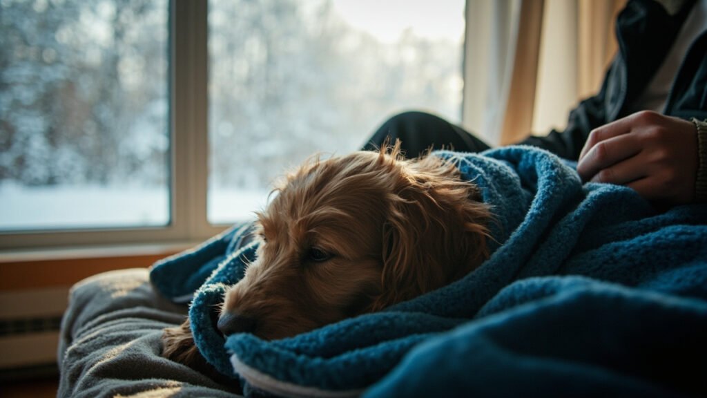 Ein Hund unter einer blauen Decke, der sich von einem kleinen Notfall zuhause erholt – Symbolbild für Erste Hilfe beim Hund