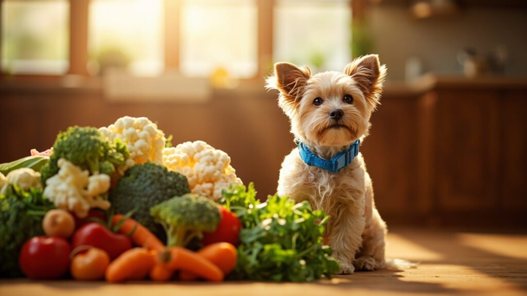Kleiner Hund vor einem Berg aus Gemüse – Hund vegan ernähren als Symbolbild