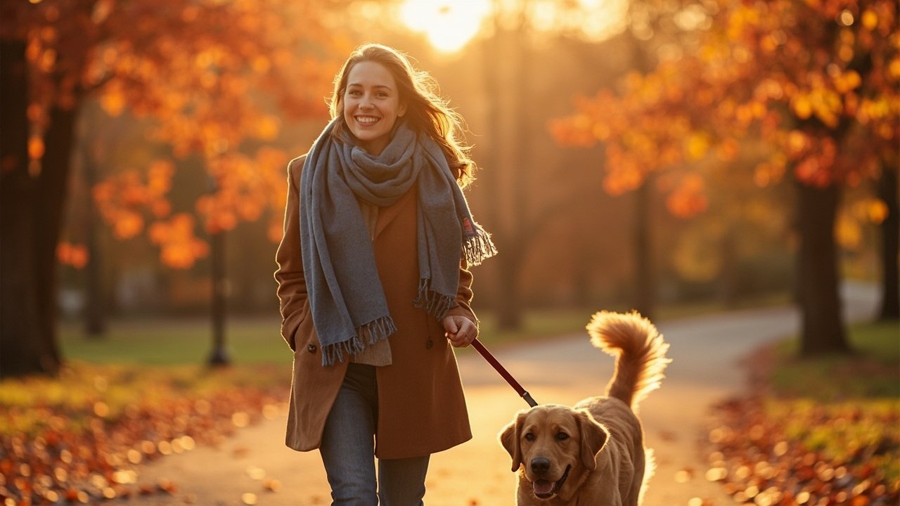 Junge Frau spaziert mit ihrem Hund an einem herbstlichen Tag – Symbolbild für Sicherheit und Vertrauen beim Hundehaftpflicht Vergleich 2026.