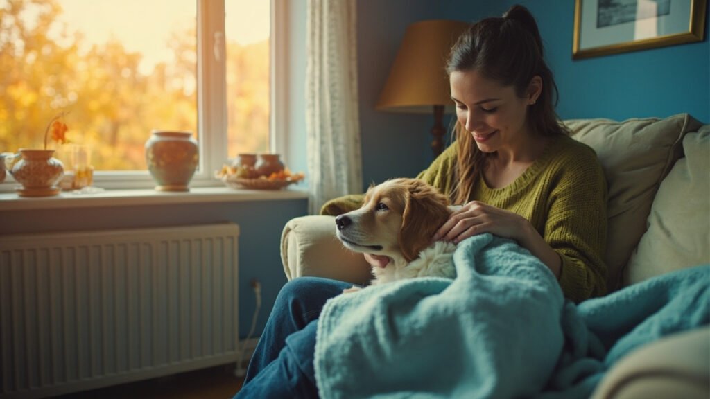 Junge Frau pflegt ihren Hund liebevoll zu Hause nach einer Operation – Symbol für Fürsorge und Genesung mit OP-Versicherung Hund