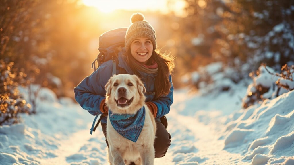 Junge Frau beim wandern mit hund durch winterliche Landschaft – beide genießen die verschneite Natur.