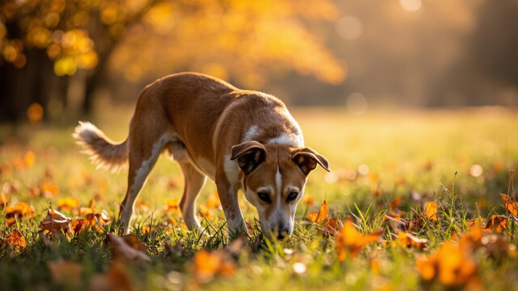 Hund schnüffelt entspannt im herbstlichen Gras – Symbolbild für Zeckenbiss beim Hund und die Bedeutung von Achtsamkeit in der Zeckensaison.