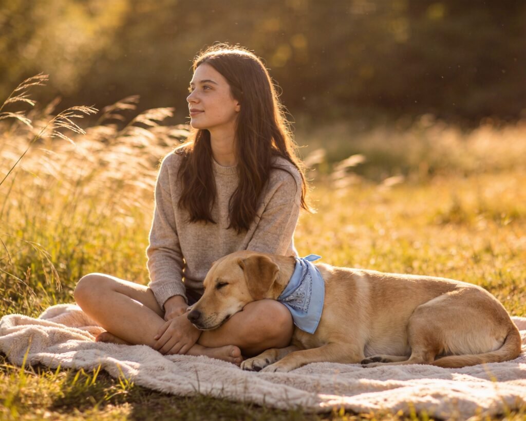 Entspannter Hund mit blauem Bandana liegt mit dem Kopf auf dem Bein einer jungen Frau auf einer Wiese – friedliche Szene als positiver Gegenpol zu typischen Hund Stress Symptome.