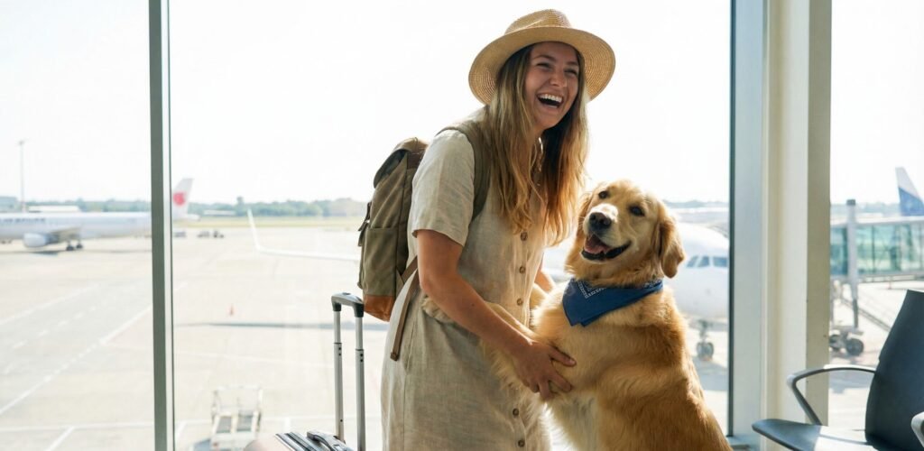 Frau mit Golden Retriever am Flughafen – Vorbereitung auf das Fliegen mit Hund