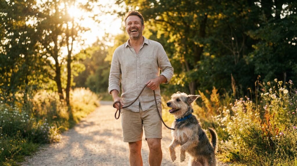 Hundebesitzer geht mit seinem Hund auf einem Naturweg spazieren – Symbolbild für Haftpflichtversicherung mit Hund und verantwortungsvolle Hundehaltung
