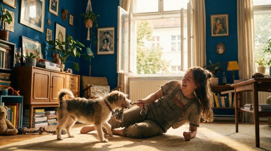 Besitzerin spielt mit ihrem Hund im Wohnzimmer – regelmäßige Pflege wie Hund die Krallen richtig schneiden gehört zur gesunden Hundehaltung