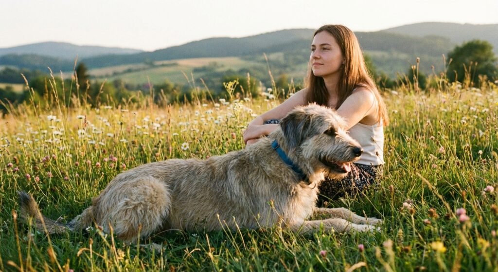 Hund liegt entspannt neben seiner Besitzerin auf einer Wiese – Symbolbild für Hund Stress Symptome erkennen und Stress beim Hund reduzieren
