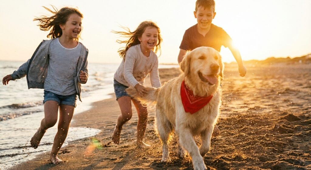 Kinder spielen mit einem Golden Retriever am Strand – Symbolbild für Hundehaftpflicht im Vergleich und verantwortungsvolle Hundehaltung im Alltag