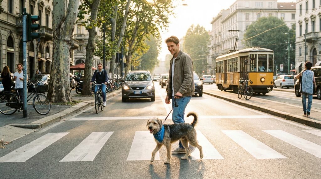 Hundebesitzer überquert mit seinem Hund einen Zebrastreifen im Stadtverkehr – Symbolbild für Hundehaftpflicht Pflicht im öffentlichen Raum