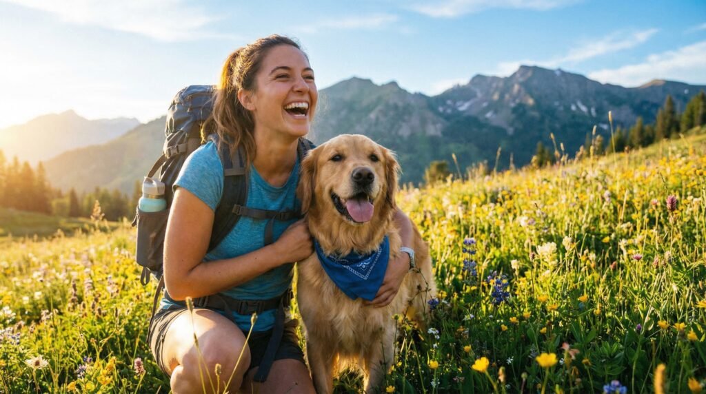Frau sitzt mit Golden Retriever auf einer Bergwiese während einer Wanderung – Symbolbild für Hundekrankenversicherung Vergleich und verantwortungsvolle Hundehaltung