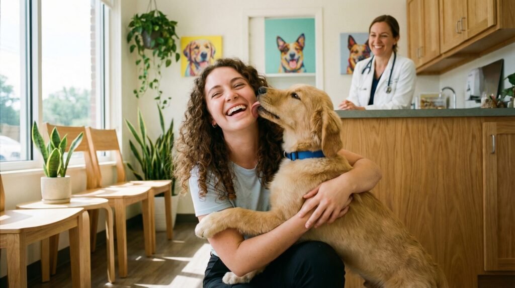 GlĂŒckliche Hundebesitzerin mit ihrem Hund in einer Tierarztpraxis â Situation aus einem Hundekrankenversicherung Vergleich