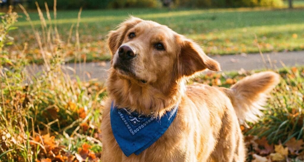 Golden Retriever mit aufmerksam geneigtem Kopf im Park – typisches Beispiel für die Körpersprache eines Hundes