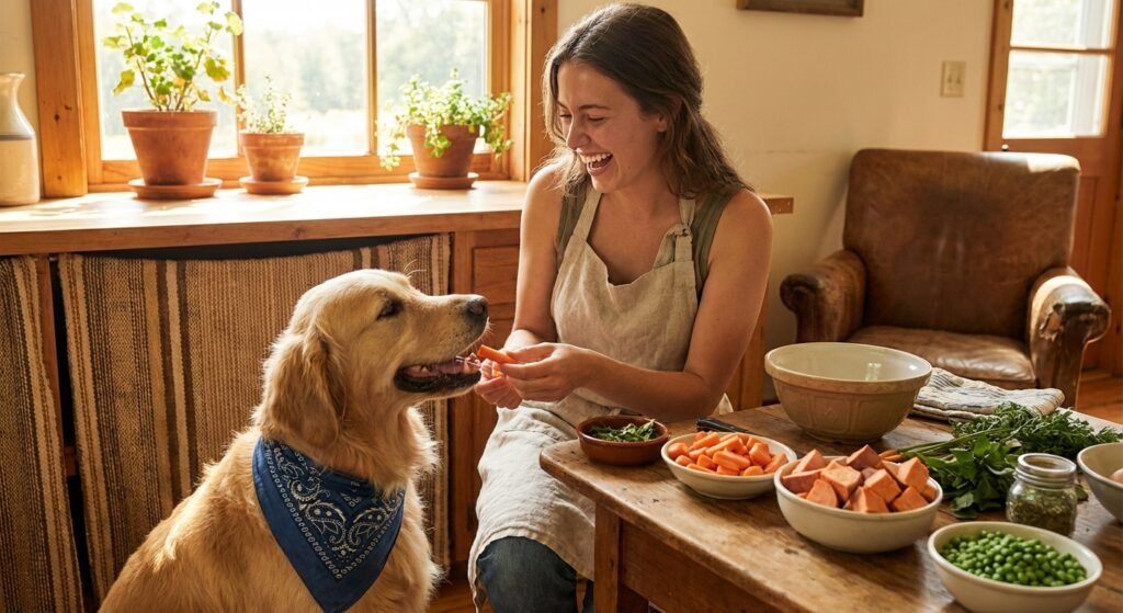 Frau füttert Golden Retriever mit Karotte – Beispiel für seinen Hund vegan ernähren mit pflanzlichen Zutaten