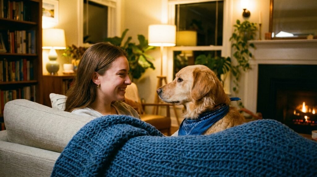 Was kostet ein Hund pro Monat? Junge Frau sitzt zuhause mit ihrem Hund im Wohnzimmer