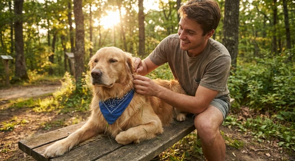 Hundehalter untersucht Golden Retriever im Wald auf Zecken – Kontrolle nach möglichem Zeckenbiss beim Hund