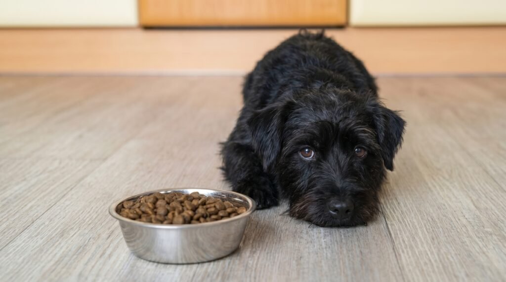 Blut im Stuhl beim Hund – apathischer schwarzer Hund liegt vor Futternapf als Symbolbild für mögliche Magen-Darm-Probleme