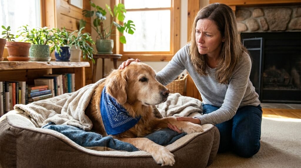 Fremdkörper OP Hund Kosten – besorgte Hundehalterin mit geschwächtem Hund im Hundebett