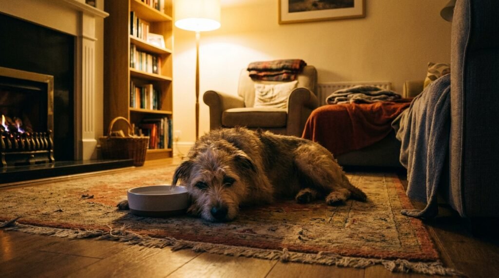 Hund erbricht plötzlich – erschöpfter Hund liegt nachts neben Wassernapf im Wohnzimmer