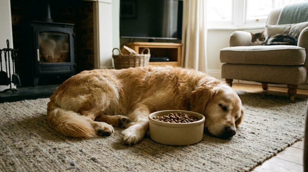 Hund frisst nicht und schläft viel – müder Golden Retriever liegt neben vollem Futternapf im Wohnzimmer