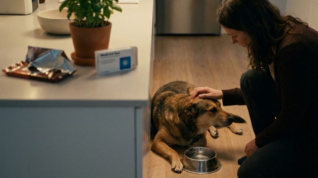 Hund Vergiftung Symptome – apathischer Hund liegt neben Wassernapf im Wohnzimmer