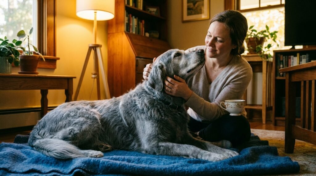 Großer Hund liegt im Wohnzimmer bei Besitzerin – Symbolbild für Magendrehung Hund Kosten und mögliche Notfälle beim Hund