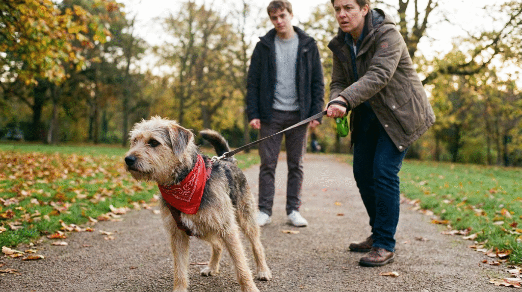 Was tun bei Hundebiss? Hundehalterin hält angespannten Hund beim Spaziergang im Park zurück