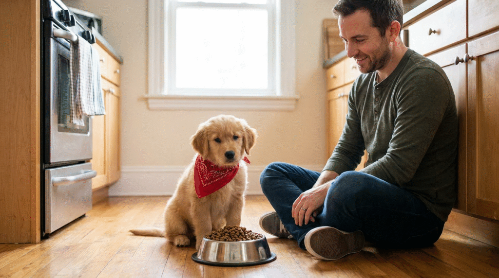Welpe frisst nicht – Golden Retriever Welpe sitzt vor vollem Futternapf im neuen Zuhause