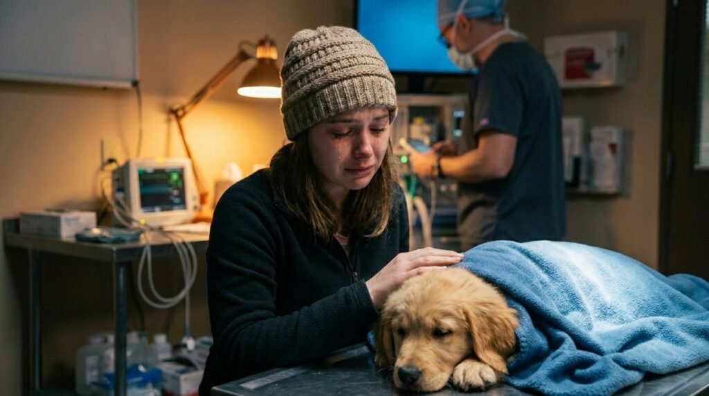 Welpe hat Durchfall – junger Hund in der Tierklinik mit besorgter Hundehalterin